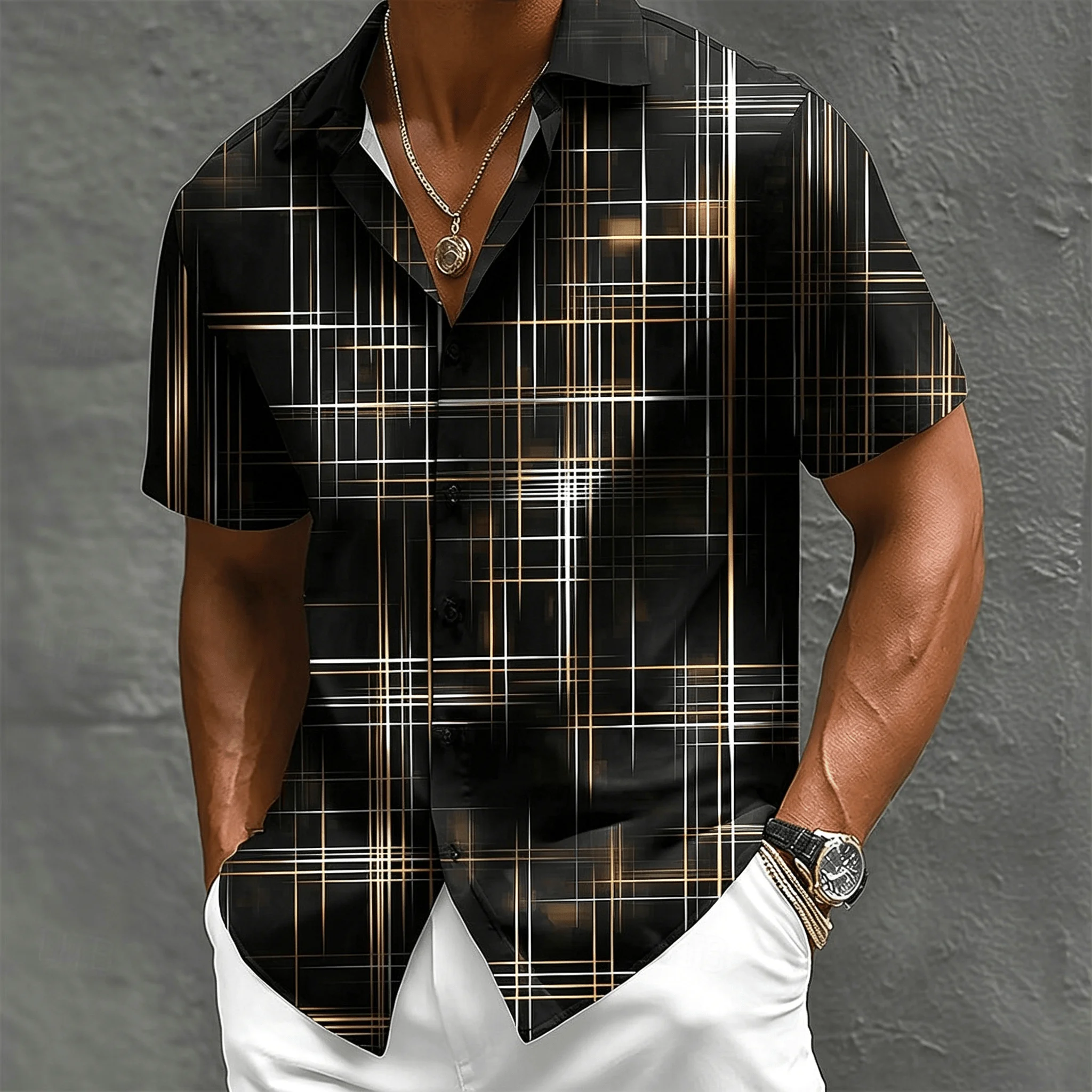 Men's Casual Plaid Shirt Short - Summer Vacation Clothing Men 评论和价格