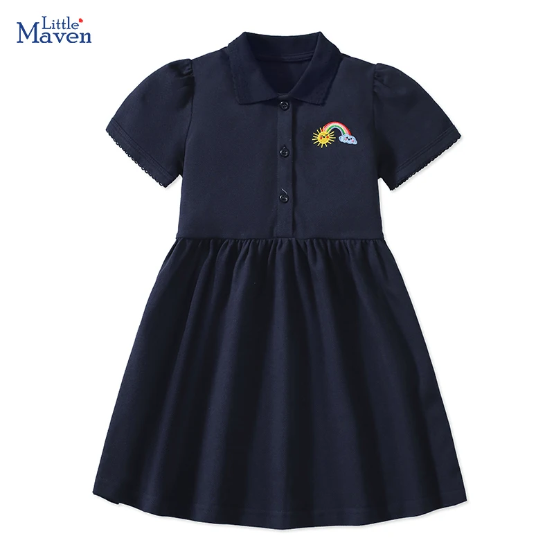 Little maven 2025 Summer New Kids Clothes Baby Girls Children's Clothing Embroidered Cartoon Rainbow Polo Dresses 2-7 Years