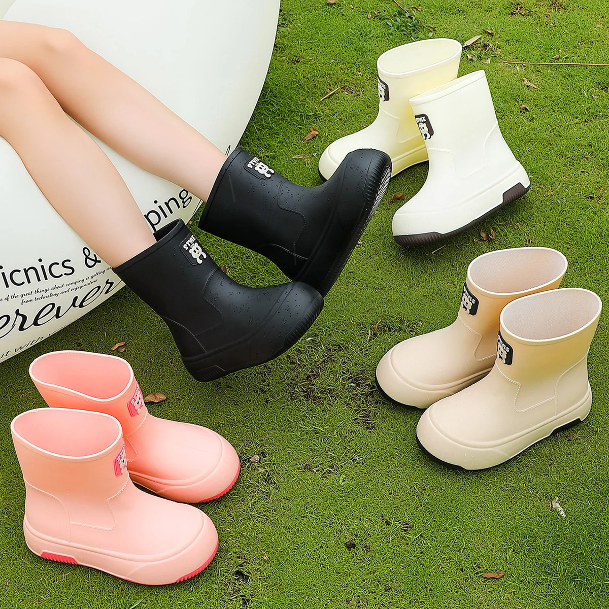 

Women's Rain Boots Cute Cartoon Bear Thick-Soled Wellies PVC Waterproof Non-Slip Gumboots Camping Rubber Shoes Plastic Overshoes