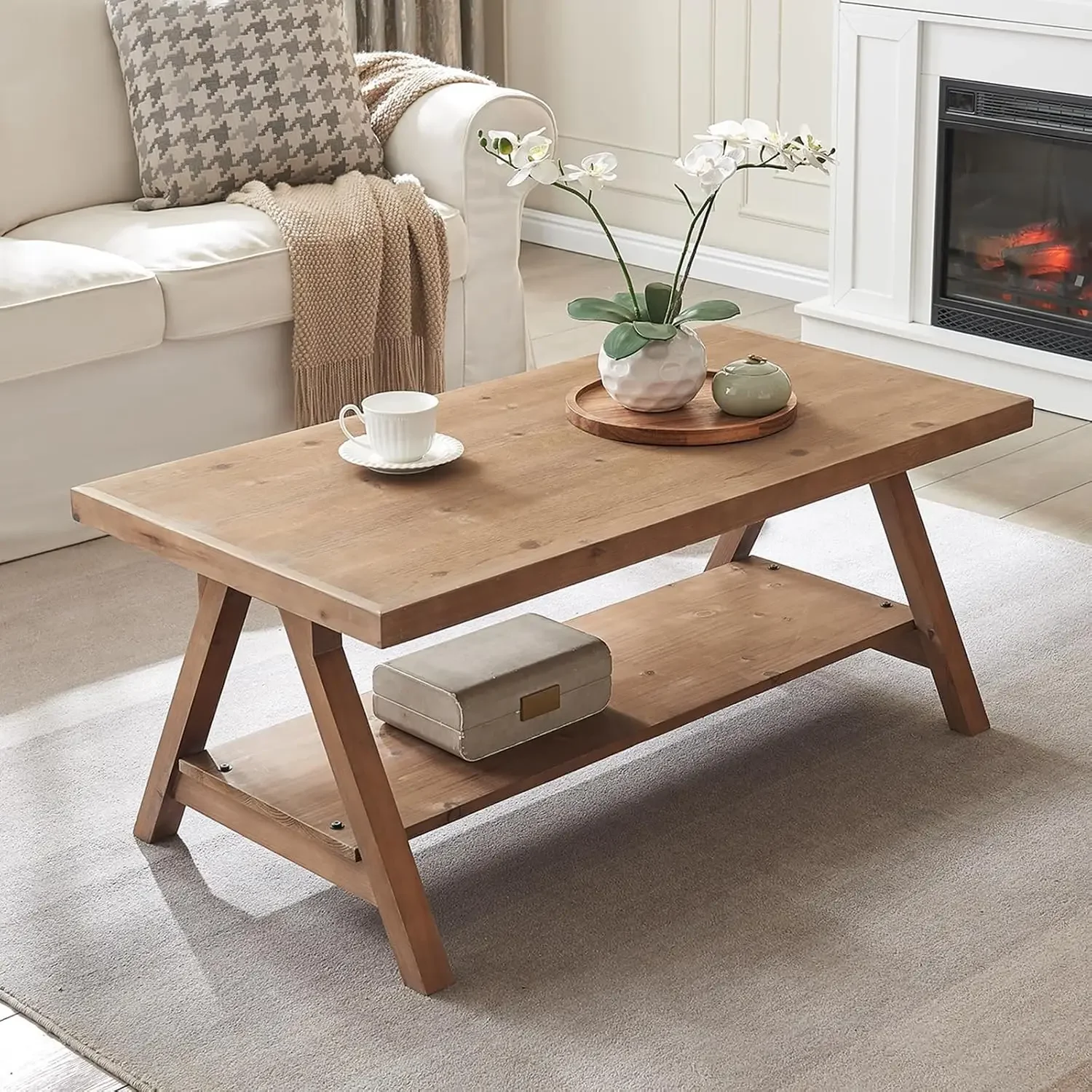 

Farmhouse Coffee Table,Solid Wood Center Tables with Storage Shelves & Sturdy A-Shaped Legs, Modern Rustic 2-Tier Rectangular Ta
