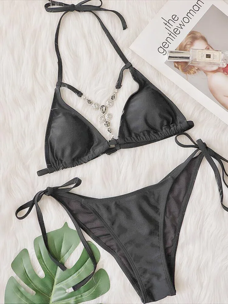 Badpak Sexy Hollow Out Luxe Strass Bikini Vrouwen Effen Kleur 2 Stuk Halter Trekkoord String Beachwear Badpak 2025