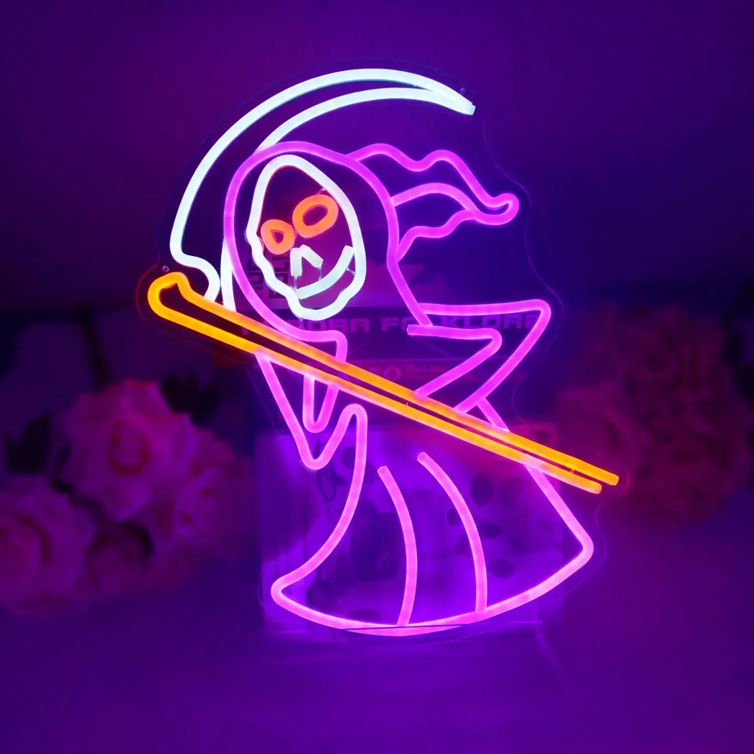 Vintage Grim Reaper Skull Neon Sign USB Dimmable Neon Light for Halloween Pub Stall Man Cave Dark Theme Party Wall Art Lamp Gift
