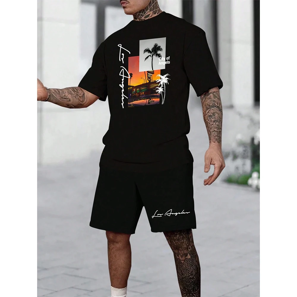 2024 New Men's Short Sleeve Top With Shorts Beach Style Drawstring Shorts 2-Piece Set 3d Coconut Tree Print T-Shirt Summer