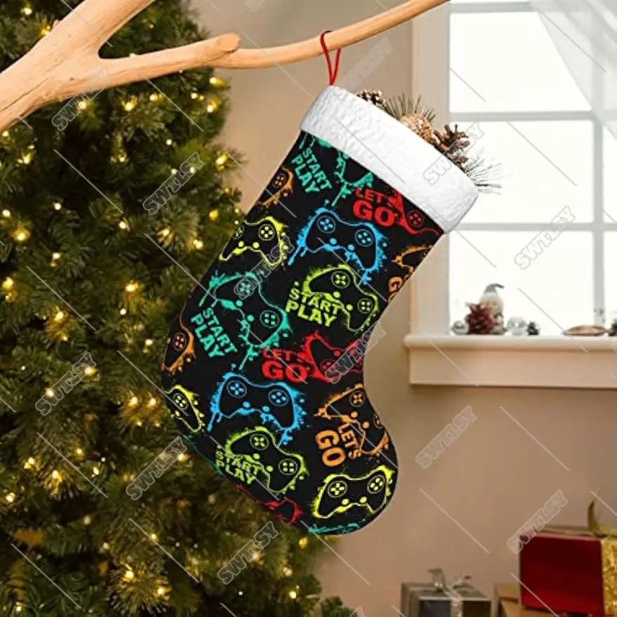 Gamer Gifts Personalized Christmas Stocking Large Xmas Stockings Fireplace Hanging Stockings for Family Holiday Party Decoration