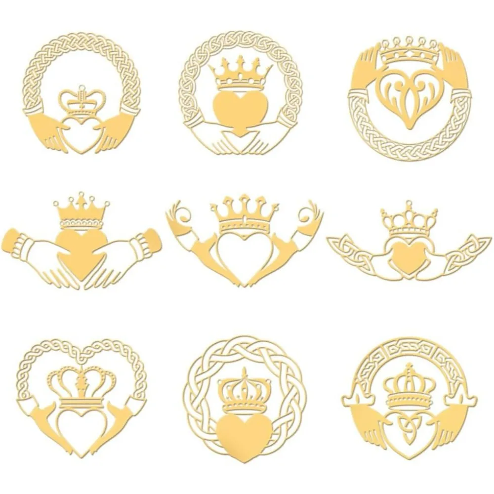 

9pcs 1.6x1.6 Inch Keitel Knot Metal Stickers Heart Crown Self Adhesive Gold Stickers Irish Claddagh Symbol Metal Gold Sticker