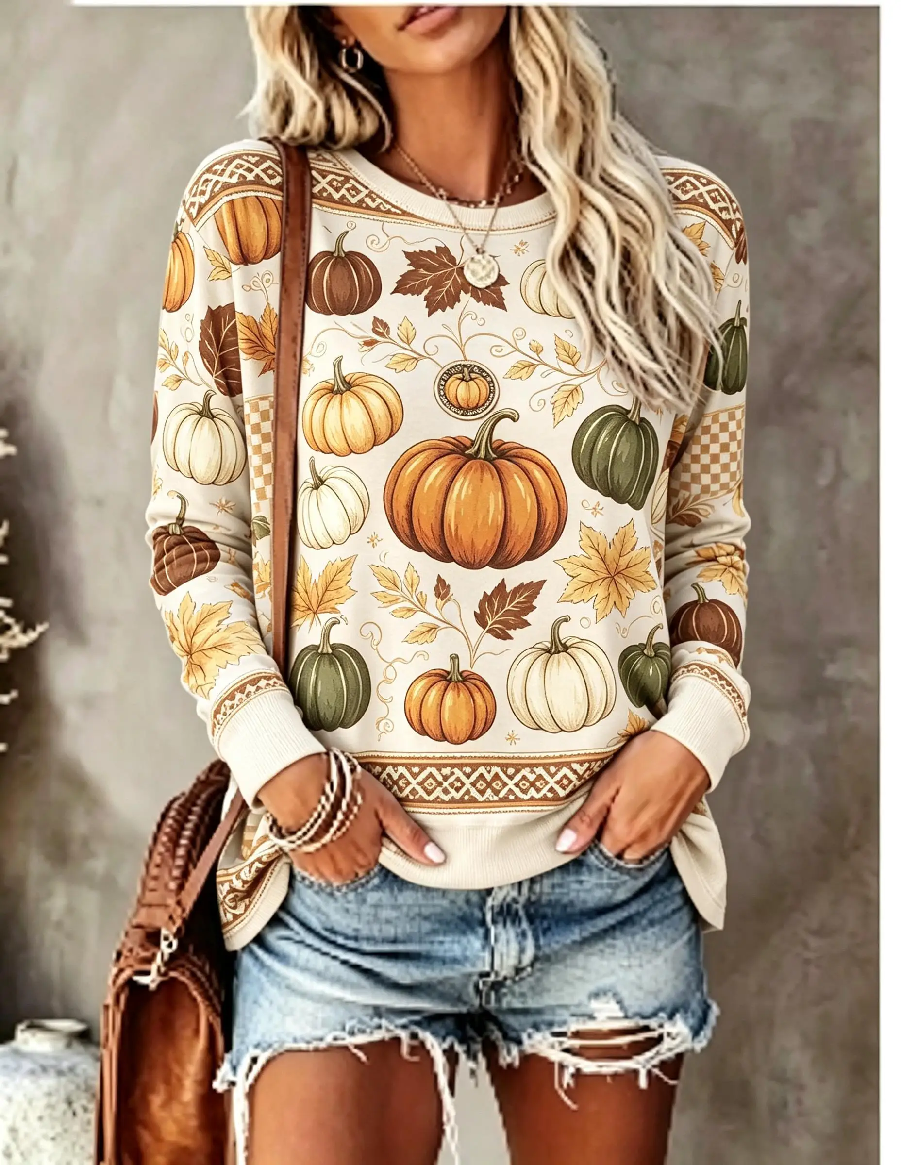 Women Crew Neck Long Sleeve T‑Shirt, Vintage Thanksgiving Pumpkin Maple Leaf Print Casual Loose Pullover Tops