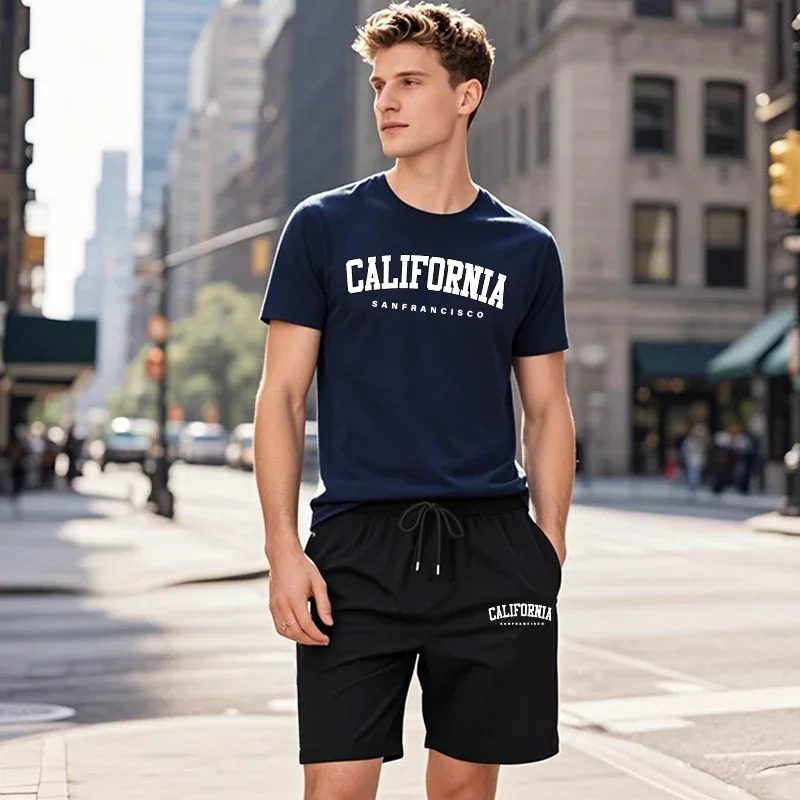 California Fashion T-shirt Shorts 2pcs Set Men's Summer Casual Sports Outfits Urban Fashion Tracksuit O-neck Tees Walking Shorts