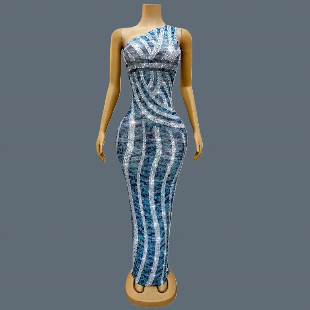 

Classic Bandage Crystals Long Dress Birthday Celebrate Party Oblique Shoulder Evening Gown Singer Event Show Outfit Lanjingkuang