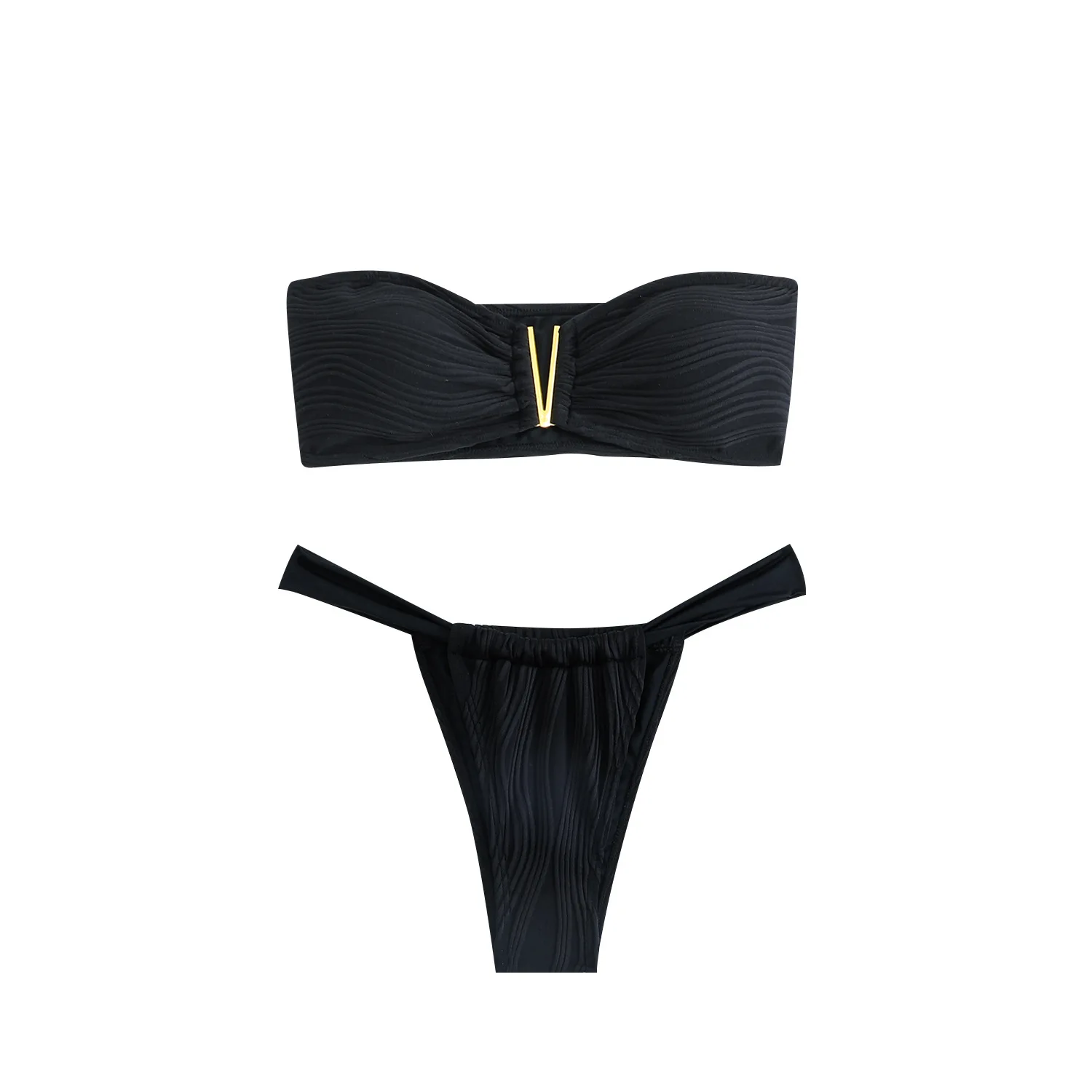 Women's Bikini Set Solis Color V Neck Push Up Thong Swimsuit High Waist Sexy Beach Seaside Swimwear Fashion 20234 New