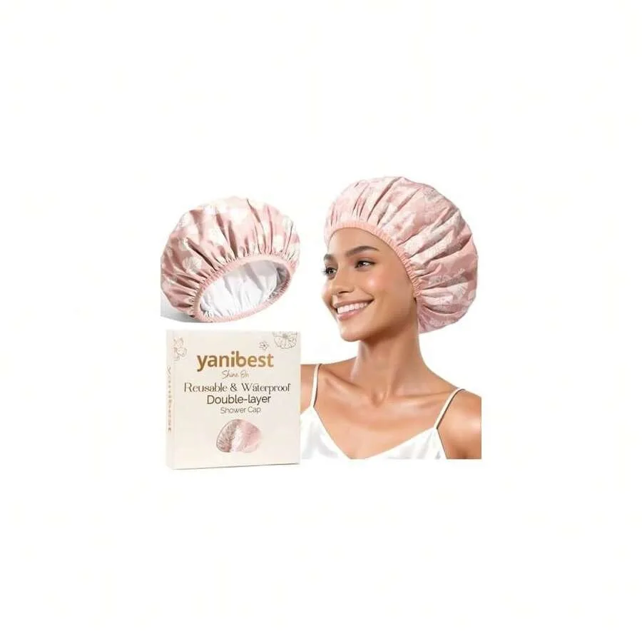 

Shower Cap Reusable Waterproof - Double Layer Shower Caps For Women, Washable Shower Bonnet With Soft Non-Slip Elastic Band, Ba