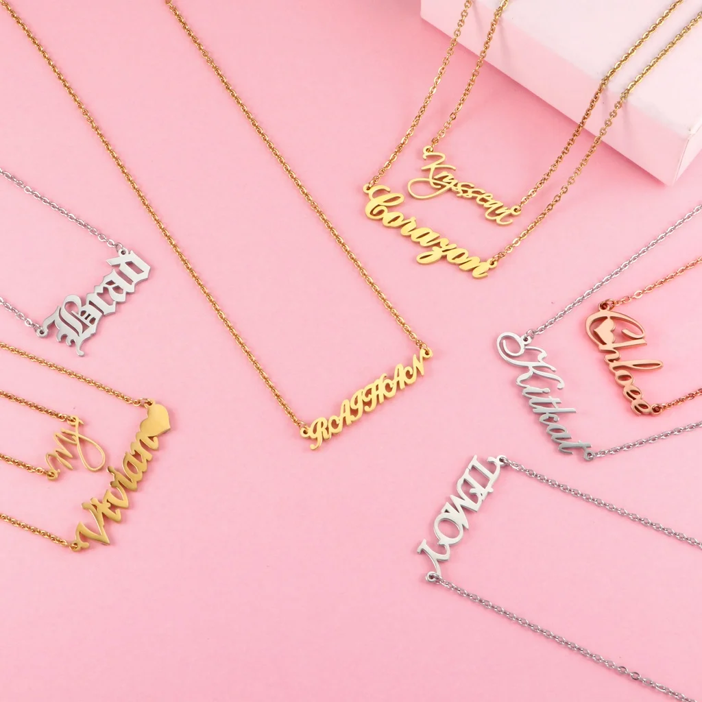 

Индивидуальное модное ожерелье из нержавеющей стали с именем, персонализированное с инициалами, золотое, серебряное, розовое золото, колье-чокер, подарок с именной табличкой