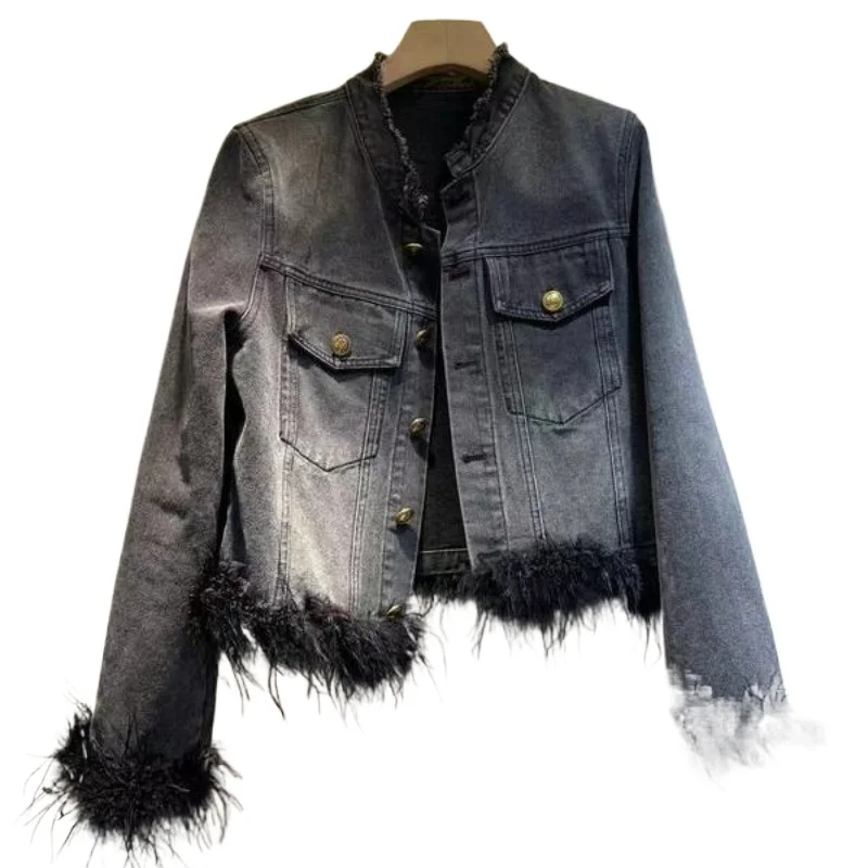 

2026, весна и осень, новая корейская версия, ретро-дизайн, пушистая свободная универсальная джинсовая короткая куртка, женские пальто