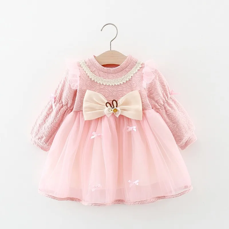 Spring and Autumn Girls Fashion Lolita Bow Patchwork Cute Simple Princess Children\'s Dress