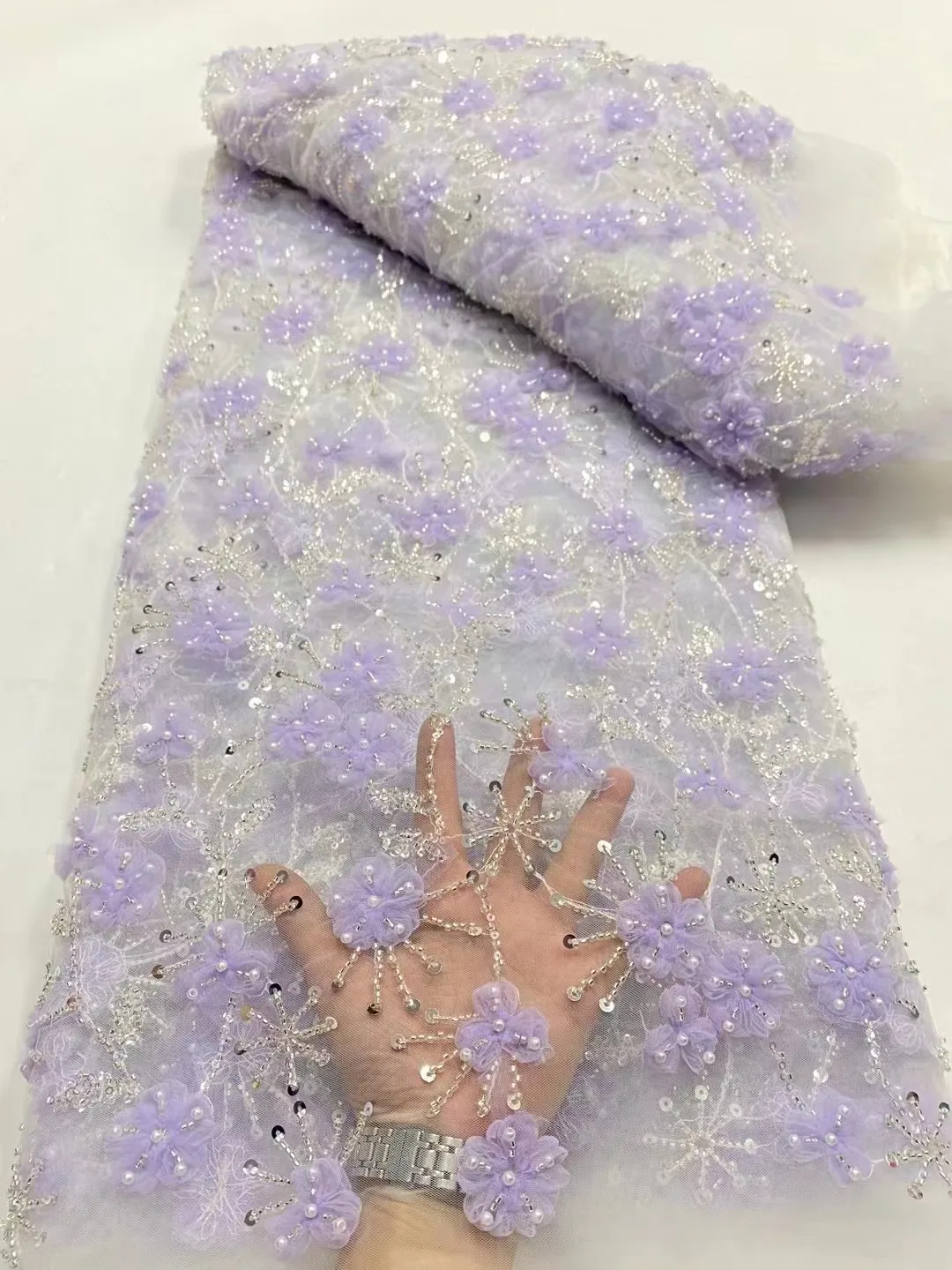 

African Sequins Beaded Lace Fabric Nigerian Groom Embroidery 2023 High Quality French Tulle Lace Fabric For Bridal Wedding