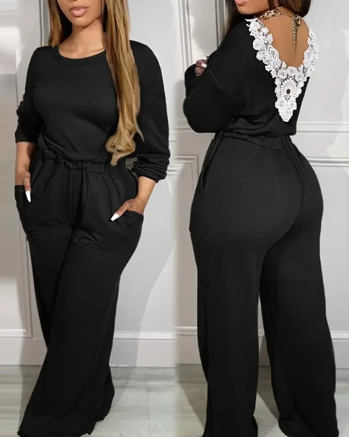 Women's Fashion One Piece Pants Drop Shoulder Long Sleeve Contrast Lace Backless Overalls Casual Elastic Waist Wide Leg Jumpsuit
