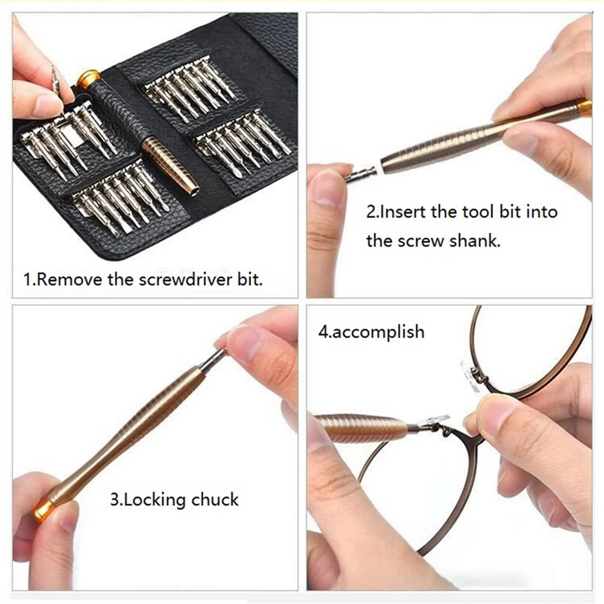 Tools 25-In-1 Leather Case with Pentagonal Multi-Purpose Mobile Phone Precision Watch Glasses Aluminum Screwdriver Set