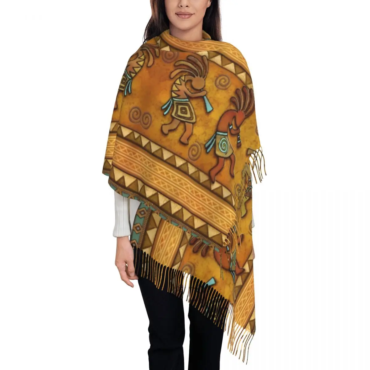 Kokopelli Flute Player American Indian Mythology Scarf for Women Shawls and Wrap Large Scarves with Tassel for Ladies