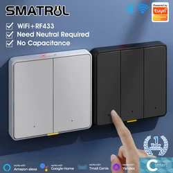 Tuya Smart Switch EU Wall Light Button Switch 110-250v WIFI RF433 TypeC Neutral Wire Timing Voice App Alexa, Google Home