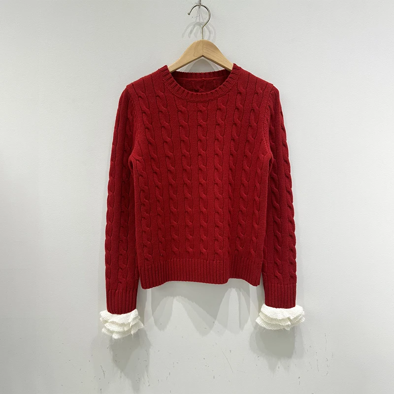 1:1 V-T* 2024 AW New Patchwork Ruffle Sleeve Vintage Stripe Knit Pullover Woman's Sweater Red Top Y2k Women's Clothing