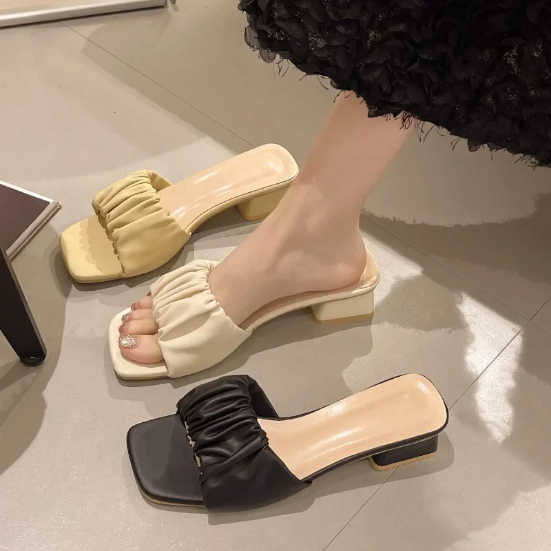 2024 Summer New High Heel One line Slippers Women\'s Head Fashionable Folded External Wearing Cool Slippers