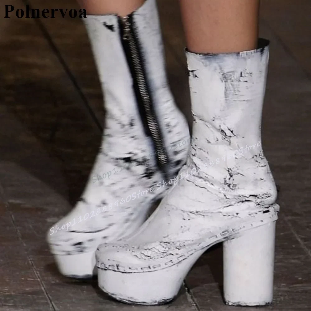 

Western Mid Calf Platform Leather Handmade Boots Thick Heel Women Shoes Side Zipper Round Toe 2025 Fashion Zapatos Para Mujere