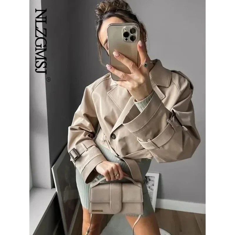 Vintage Streetwear 2024 Belt Cropped Trench Spring Jacket Women Double Breasted Long Sleeve Top Female Coat Outfits