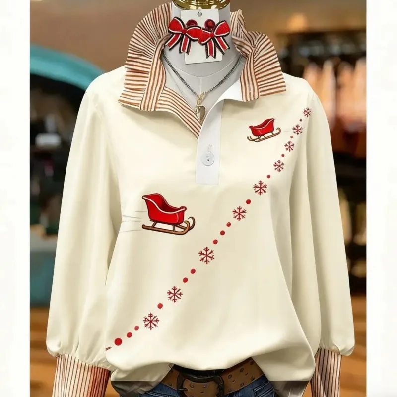 

Women's striped casual fashion shirt, multi-color striped collar, half button shirt with retro printed pattern,Christmas sleigh