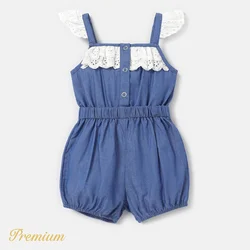 PatPat Baby Girl 100% Cotton Denim Splice Ruffled Sleeveless Romper Shorts Suitable for Summer Season Soft and Comfortable