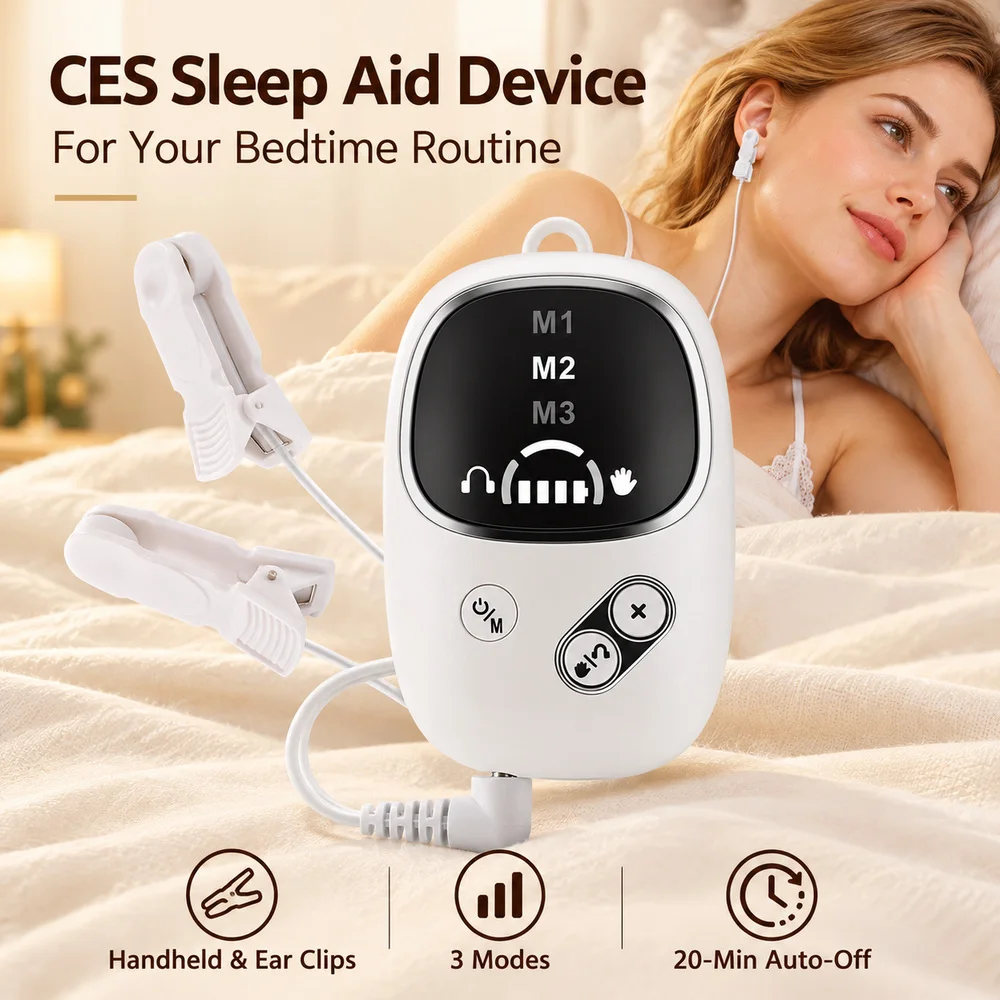 Portable CES Sleep Aid Device, Handheld Palm Pulse Massager with Ear Clips, USB-C Rechargeable, Adjustable Intensity for Travel