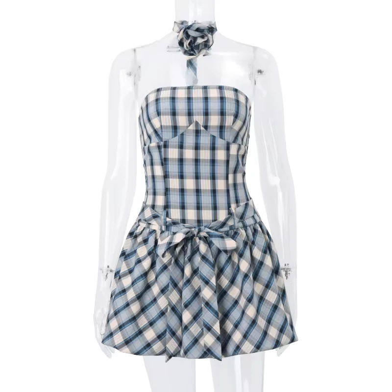 

Elegant Off Shoulder Plaid Printing Women Mini Dresses Y2K Sleeveless Flowers Tank Dress Sweet Girls Slim fit Vestidos