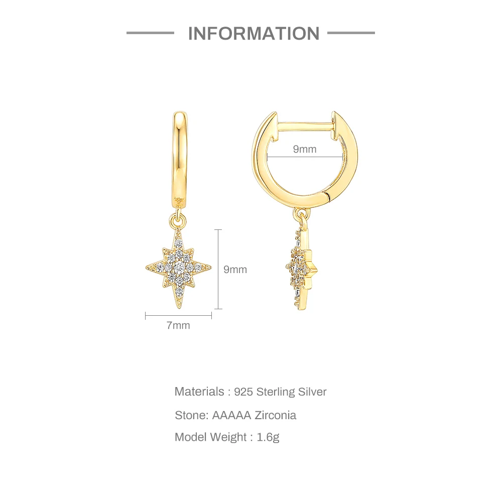 925 Sterling Silver Drop Earrings Bling Zircon Butterfly Lock Eight Pointed Star Hanging Earring For Woman Daily Jewelry