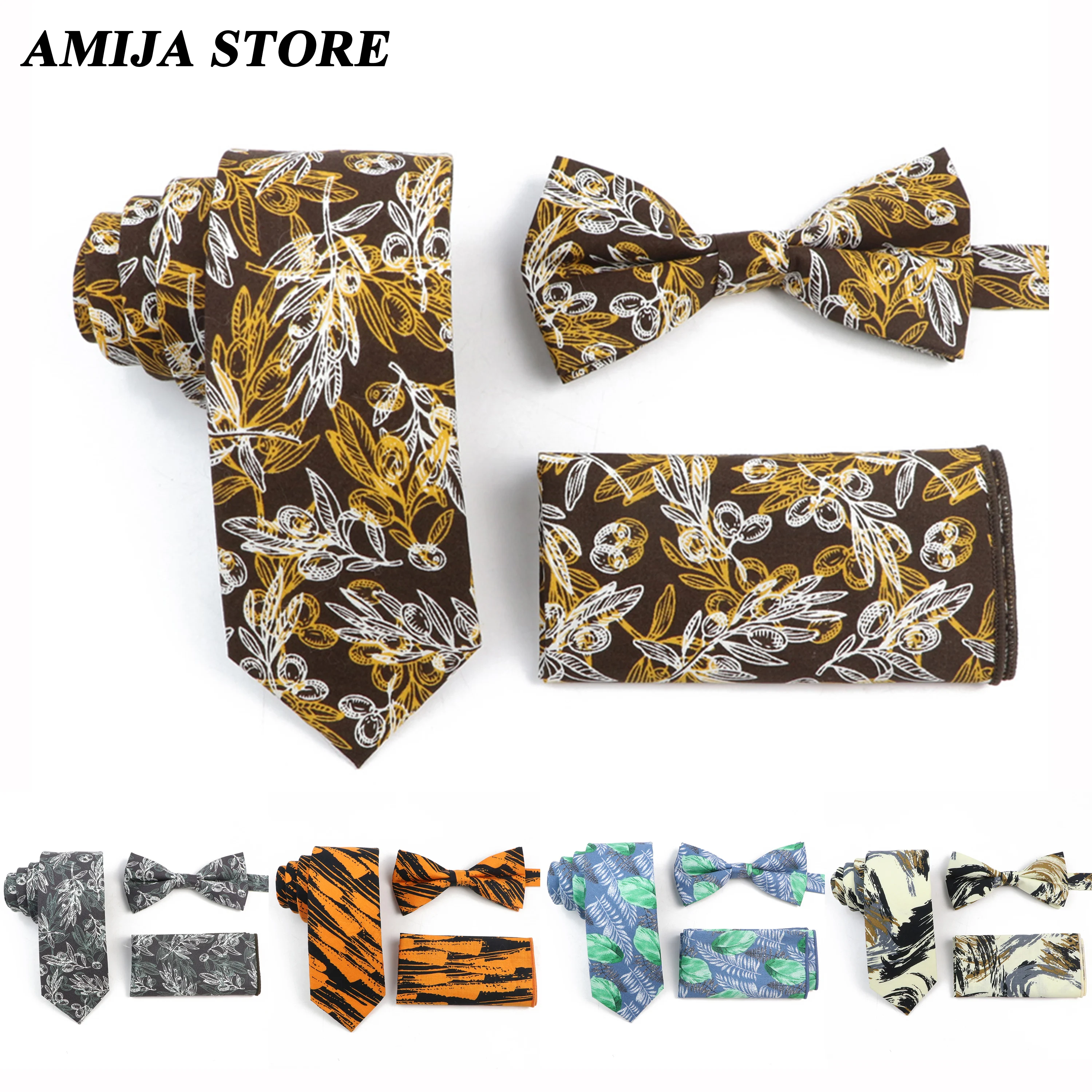 

Classical Cotton Neck Tie Set For Men Women Slim Tie Necktie Bowtie Hankerchief Feather Leaf Wedding Bowties Cravat Corbatas