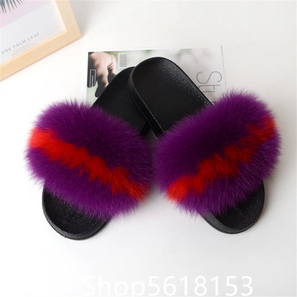 purple red color contrast Fashion Versatile Real Fox Fur Grass Slippers Popular on the Internet Going Out