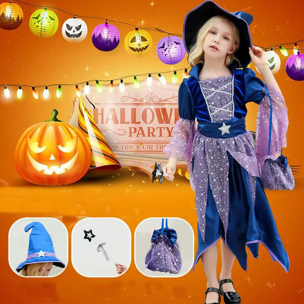 

2025 Halloween Horror Witch Dress With Hat Magic Stick Kid Cosplay Gown Carnival Magic Villain Wizard Vampire Dress Pumpkin Suit
