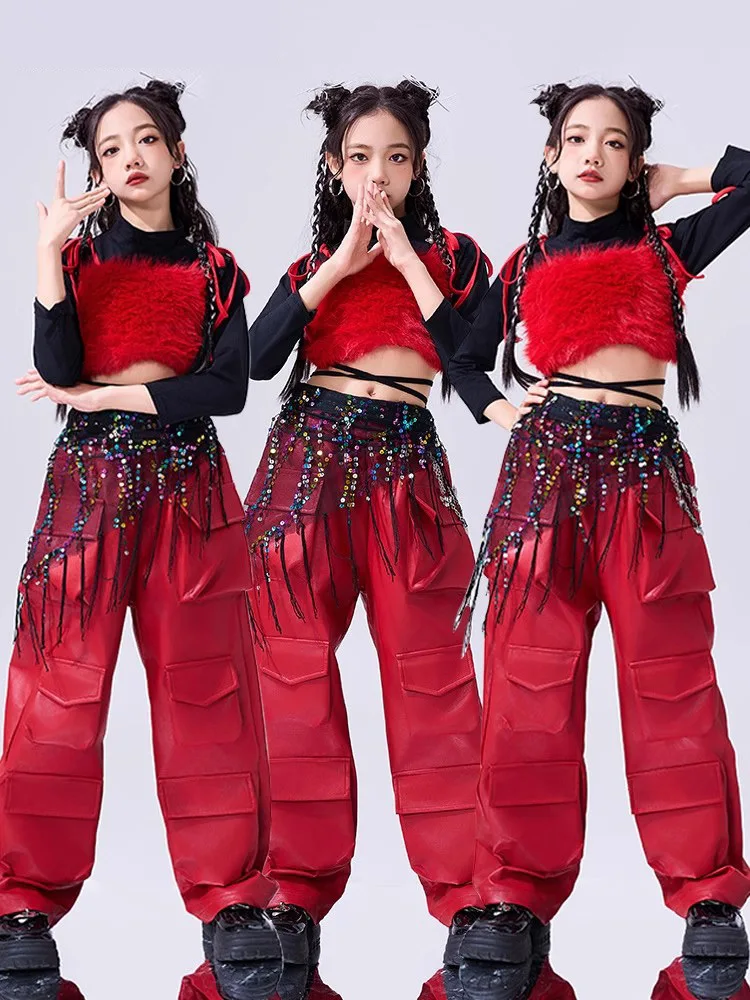 

Костюм в стиле хип-хоп для девочек, красный топ без рукавов, укороченный топ, кожаные штаны для детей, джазовая одежда, сценический комплект для уличных танцев