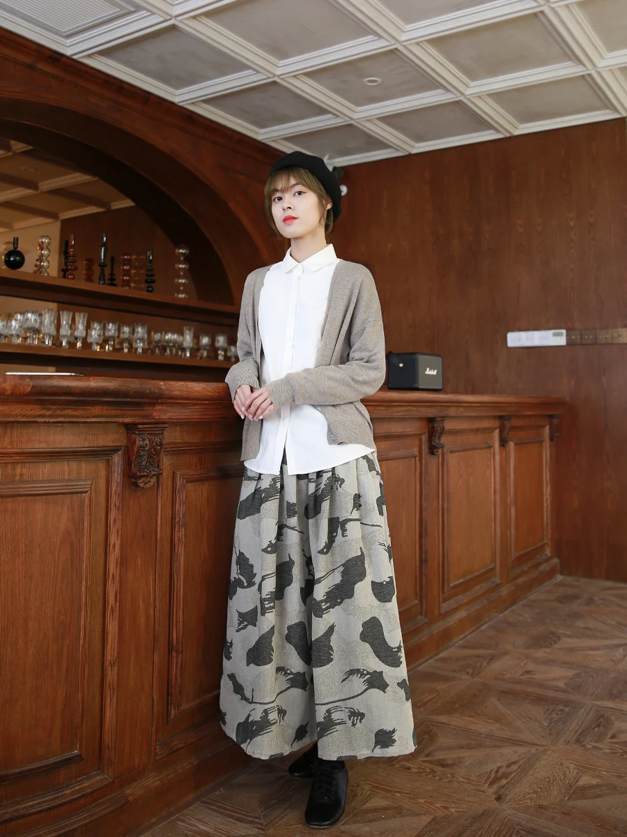 

Women's Mid-Length A-Line Skirt Loose Fit Cotton Linen Print Light ey Autumn Winter Artistic Sle Versatile Loose Skirt