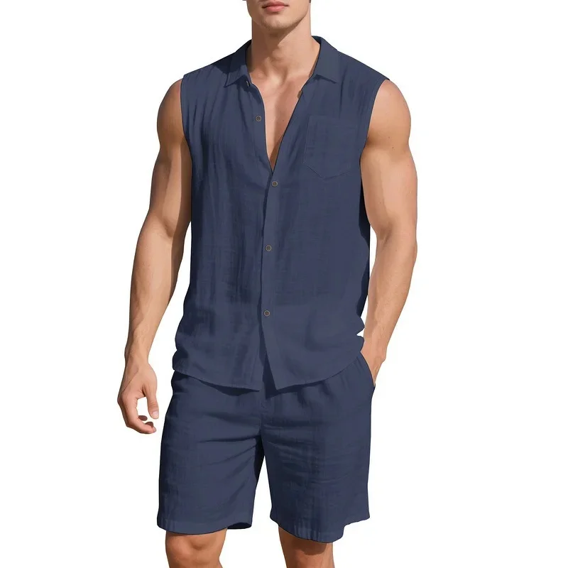 Summer Men Sleeveless Button Shirt Lapel Collar Pocket Design Loose Fit Cotton Linen Casual Beach Blouse