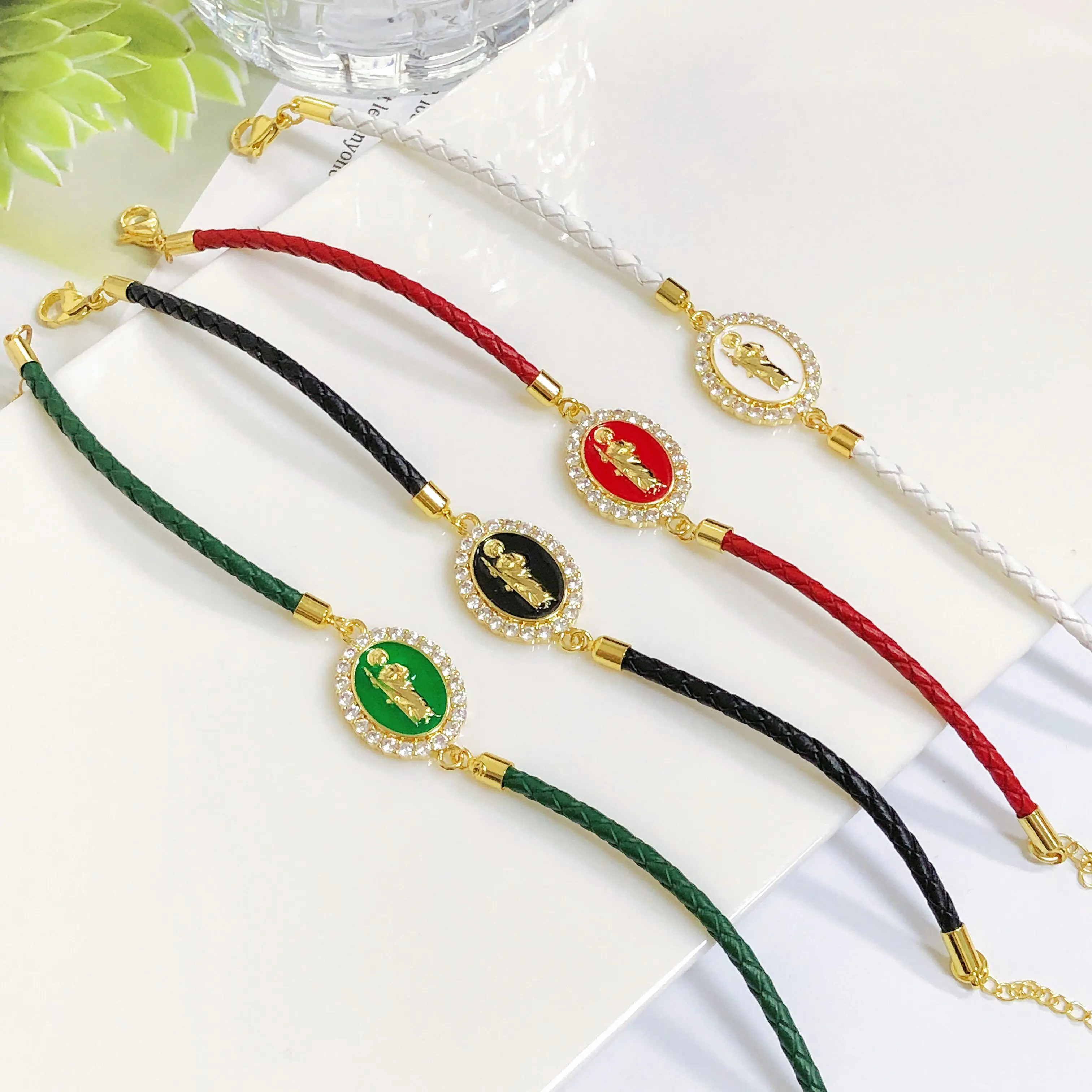 Nowa Modna Skórzana Pleciona Bransoletka z Figurką Religijną Matki Boskiej Świętego Jana Chrzciciela z Cyrkonią dla Kobiet i Mężczyzn, Biżuteria na Imprezę, Prezent Urodzinowy