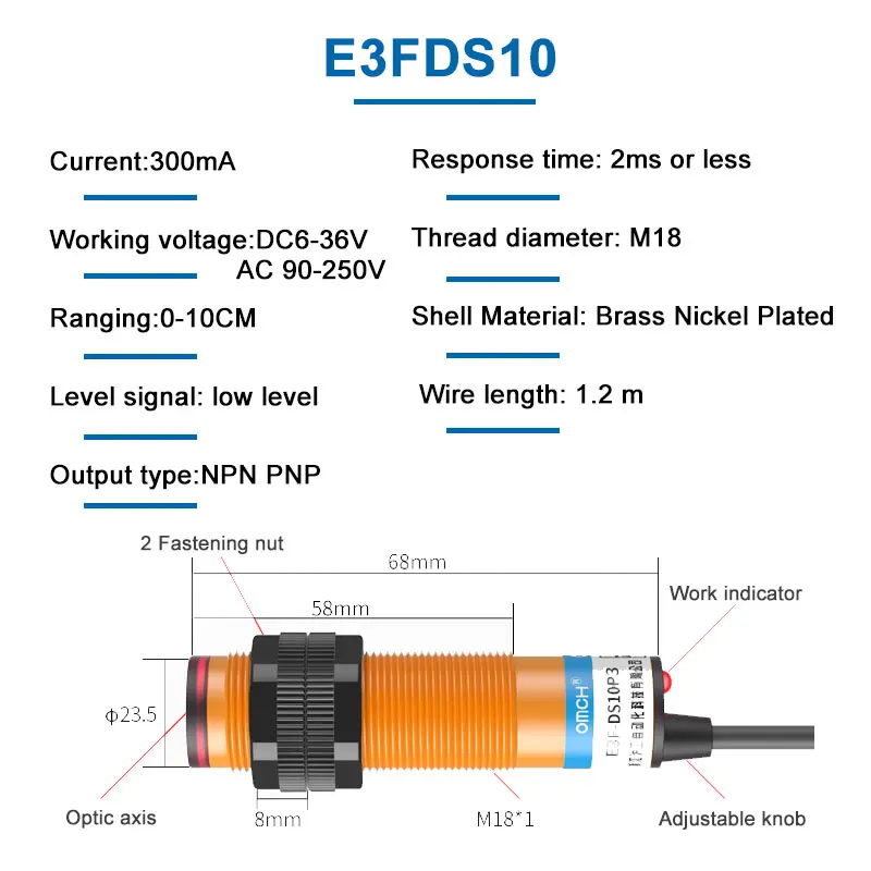 E3F-DS10 Detection Distance 10cm Diffuse Reflection Photoelectric Sensor Switch DC6-36V AC90-250V NPN/PNP