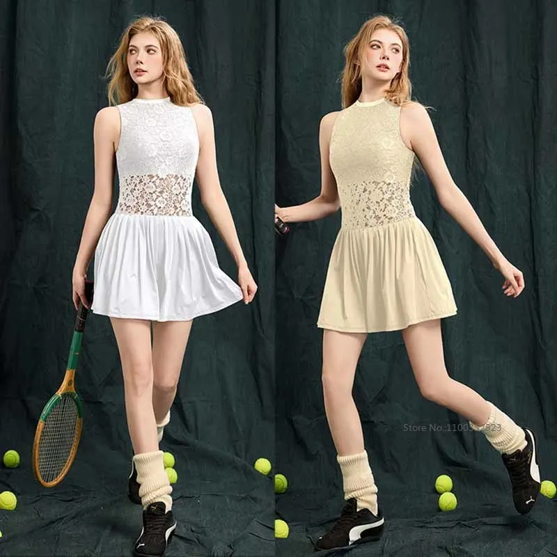 Women Lace Yoga Tennis Dress Built-in Bra and Short Ladies Elegant Fitness Dresses Summer Hollow Out Pleated Workout Skirts