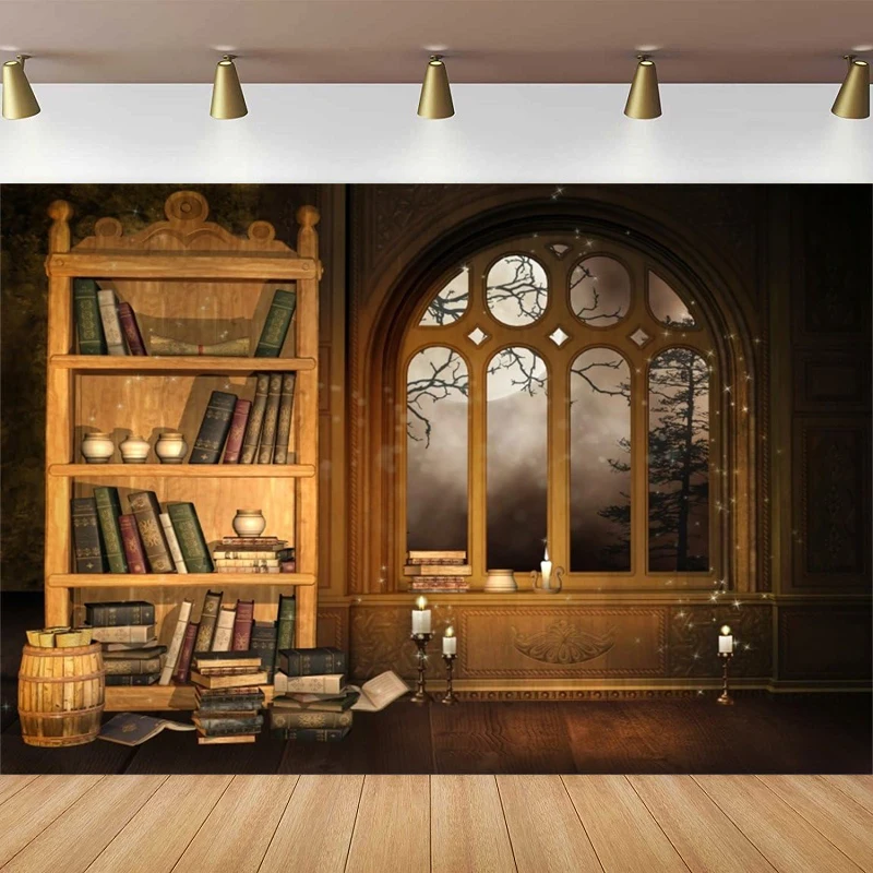 Vintage Magic Room Photography Backdrop Retro Bookcase Old Bookshelf Window Book Candle Moon Night Background Photoshoot Studio