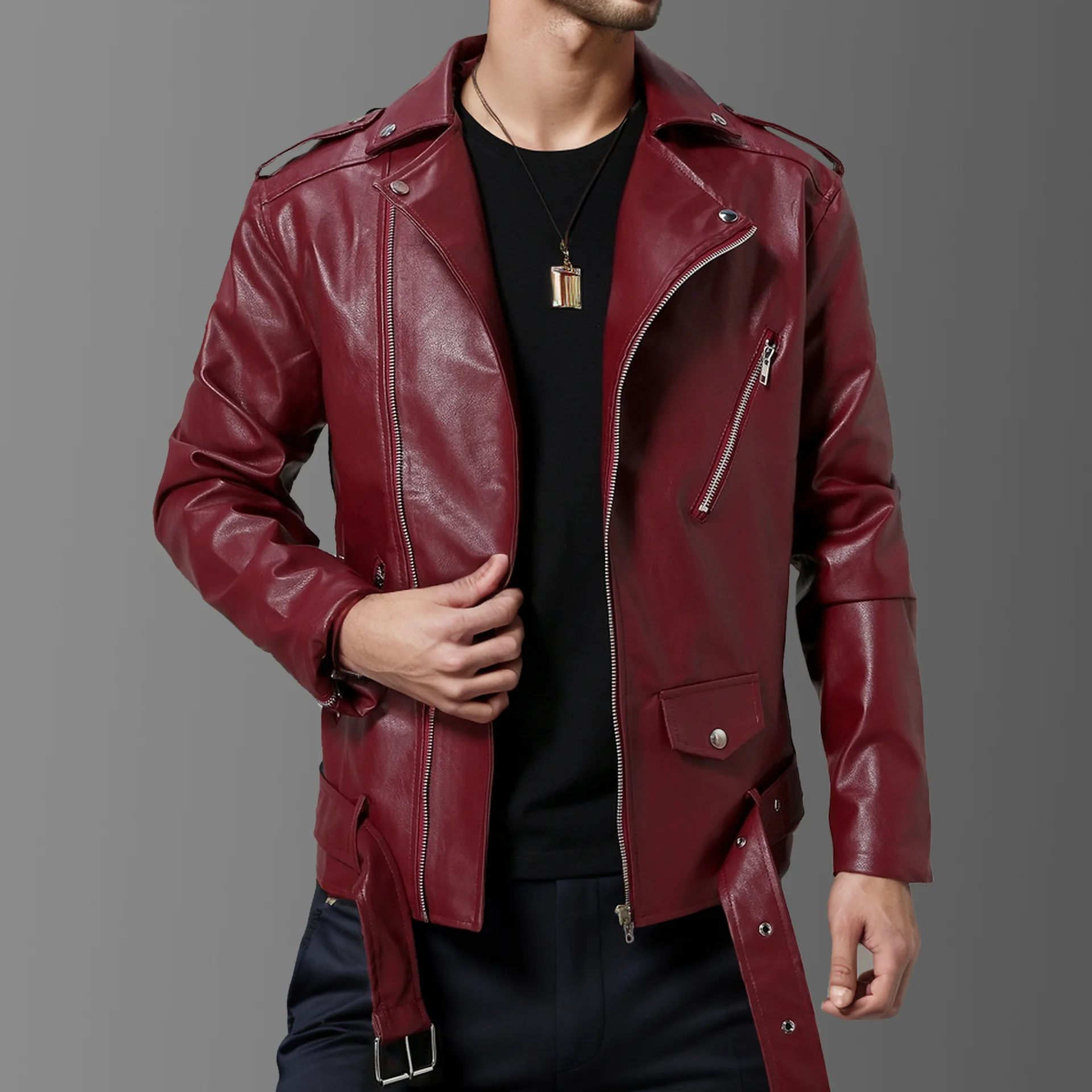 

Red Wine Color Multi-Zipper oulder Strap Belted Lapel Leather Jaet Men's Performer Large Size Motorcycle Simulation Leath...