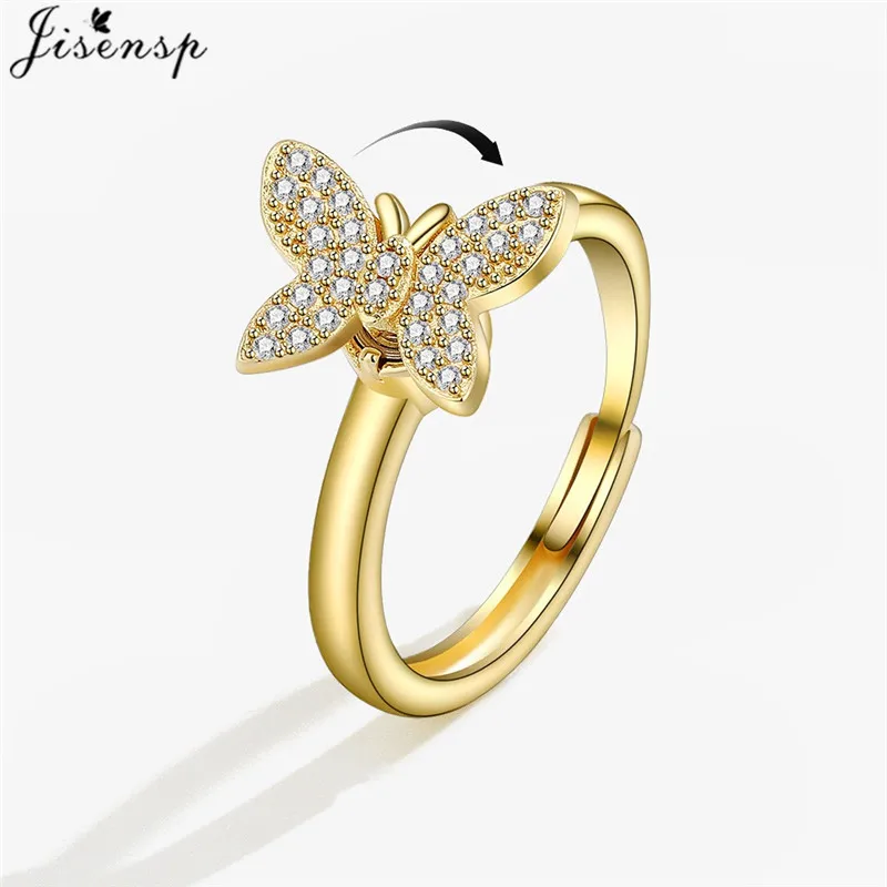 Spinning Anti Stress Blue Crystal Butterfly Ring Anxiety Fidget Adjustable Jewelry Girls Student Animal Rings Gifts Accessories