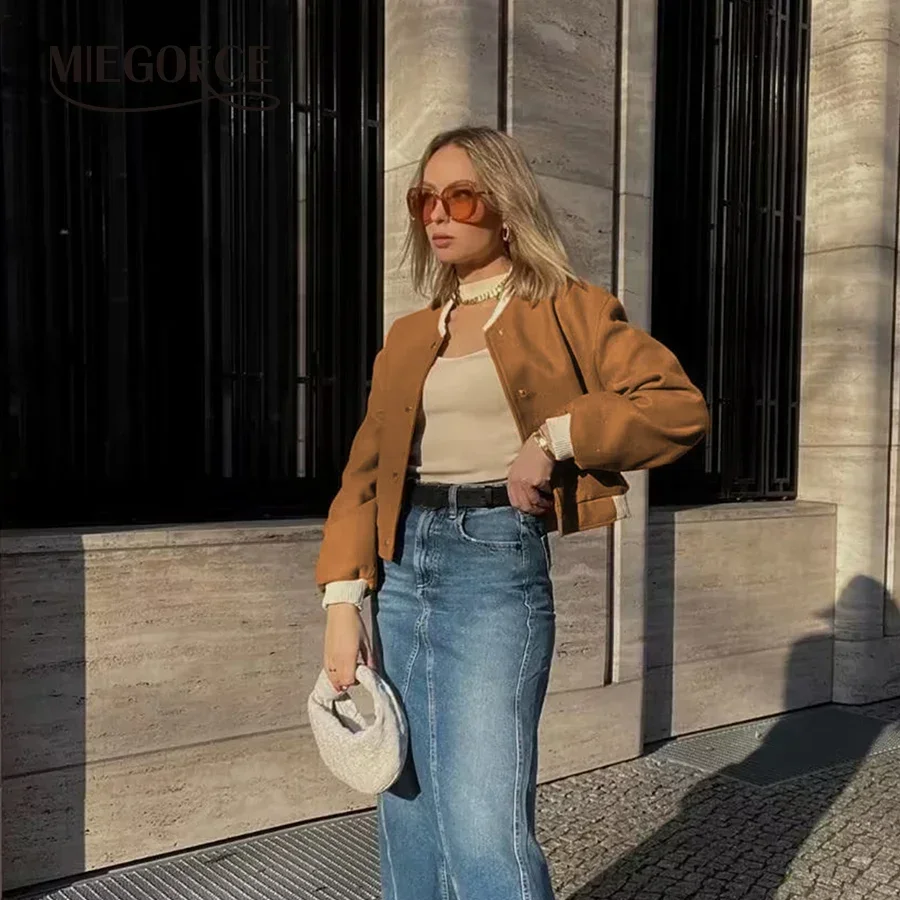 MIEGOFCE Women Bomber Jacket Khaki Short Outwear Long Sleeve Vintage Vested Female Casual Loose Pocket Stitching Coat JN53JJ9670