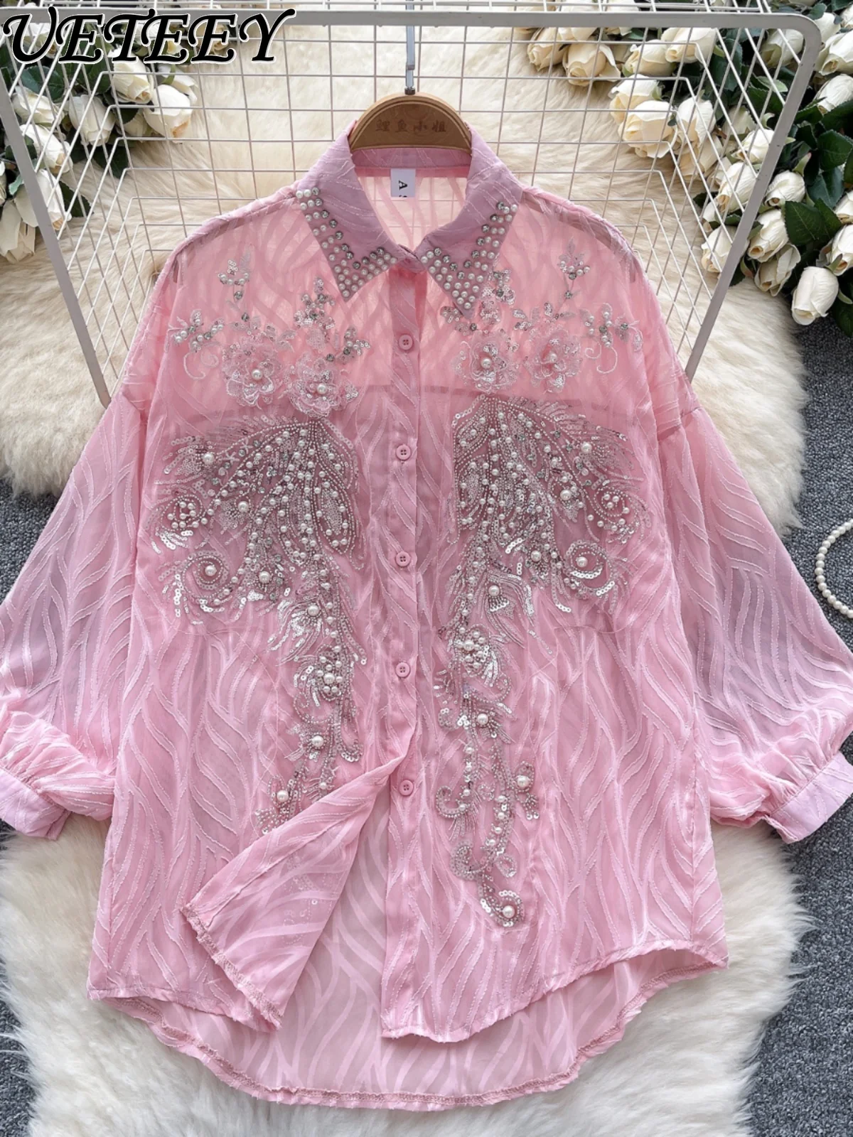 

French Versatile Lapel Shirt Celebrity High-end Beaded Sequined Thin Lantern Long Sleeve Loose Casual Top Mid-length Camisas