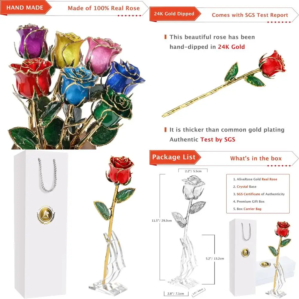 

Позолоченная настоящая роза 24K - уникальный дизайн ко Дню святого Валентина (красная, с подставкой)