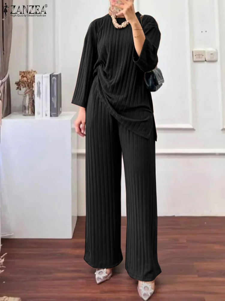 Fashion Autumn Tracksuits Women Muslim Sets Long Sleeve Blouse &Wide Leg Pants ZANZEA Casual Matching Sets Dubai Turkey Outfits