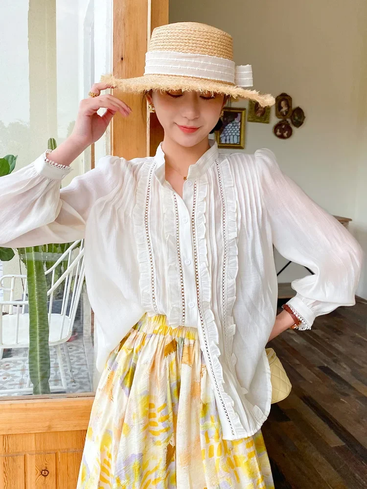 

Beige Elegant Chic Blouse Shirt Boho Lace Summer Women Blouse Long Lantern Sleeve Ruffles Sexy Ladies Casual Top Shirt