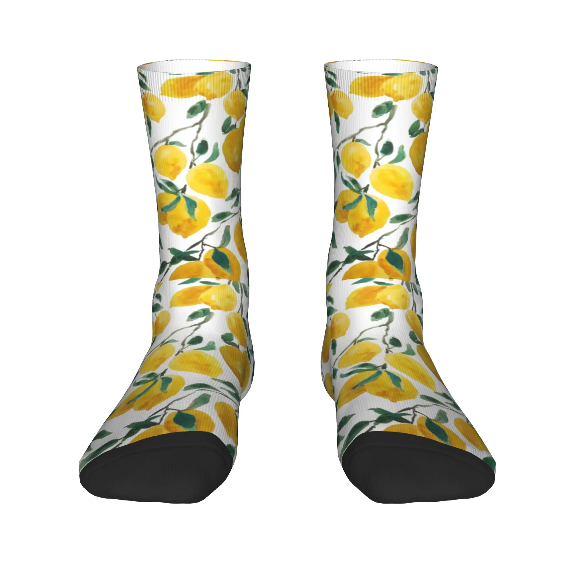 

Custom Fashion Printed Watercolor Yellow Lemon Pattern Socks for Women Men Stretch Summer Winter Summer Botanical Art Crew Socks