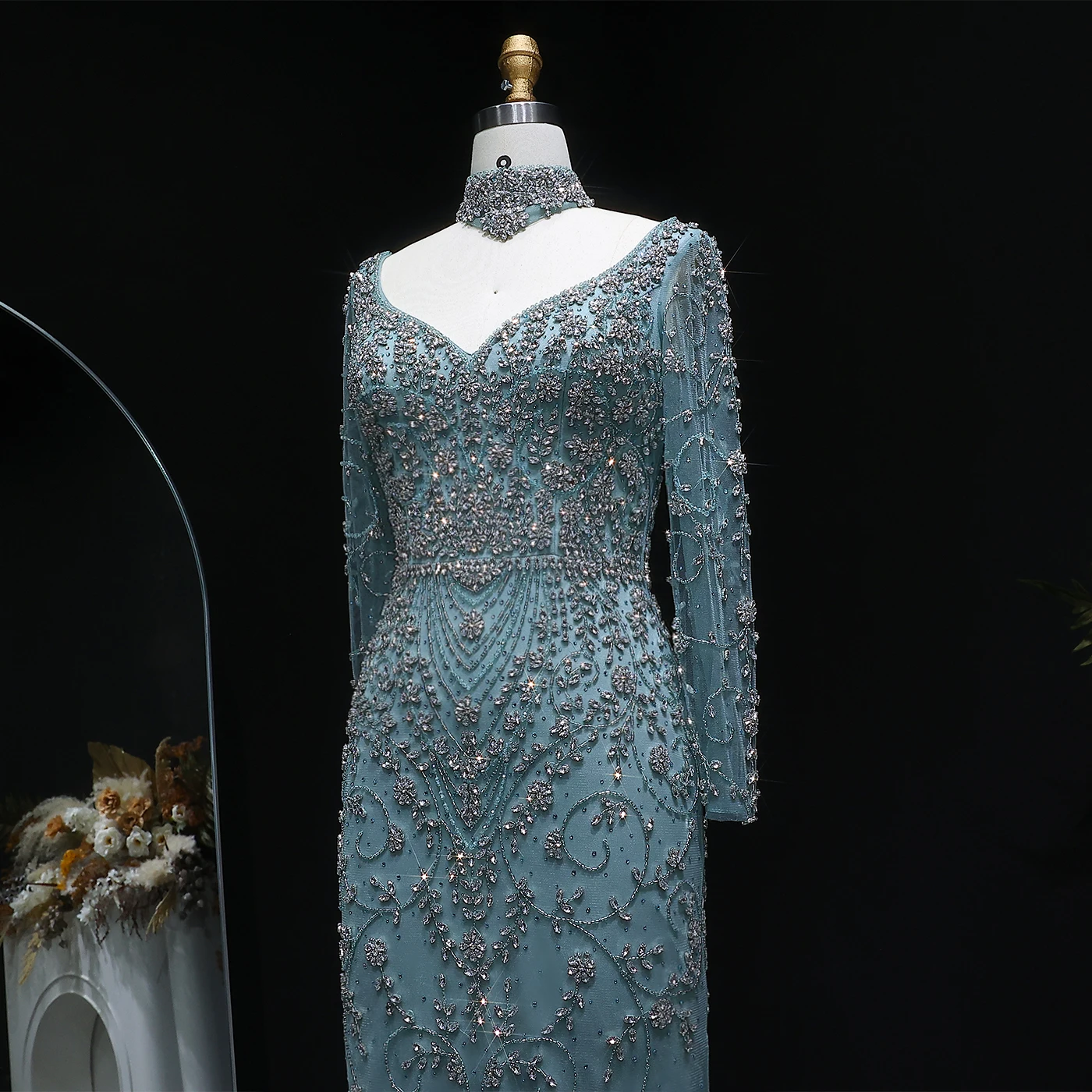 Sharon Said Luxuriöses Arabisches Dubai Rosa Meerjungfrauenkleid mit Langen Ärmeln, Perlenbesetztes Formelles Abendkleid für Hochzeit, Party, Ball, SS181 Maßanfertigung – Detail 29